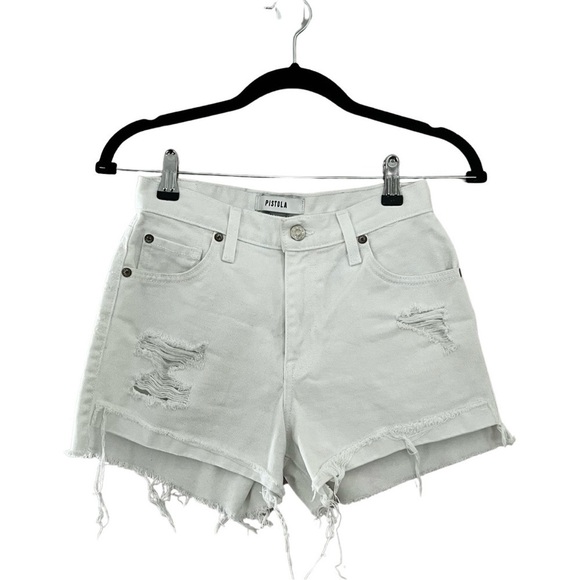 PISTOLA High Waist Distresssed White Mini Denim Shorts Sz 24 - Picture 1 of 6